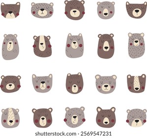 Hand drawn cute bears large set. Funny wild animals faces. Illustrations with bears for design of children's clothes, cards, posters.