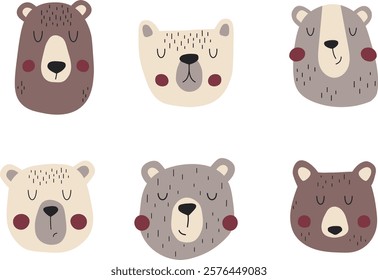 Hand drawn cute bears set. Funny bear faces. Perfect for cute t-shirts, cards and posters.