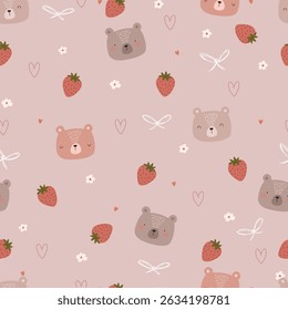 Hand drawn cute bears, strawberries,  flowers and hearts. Vector illustration with cute cartoon animals.