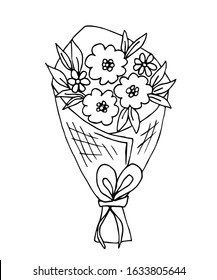 Hand drawn cute beautiful gift bouquet of flowers in wrapper isolated on a white background. Vector black outline sketch for wedding design, birthday, March 8, greeting card, invitation.