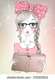 Hand drawn cute beautiful girl in glasses with pigtail and book in her hands. Vector illustration.