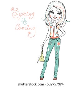 Hand drawn cute beautiful girl in jeans and a white jacket with a flower pattern