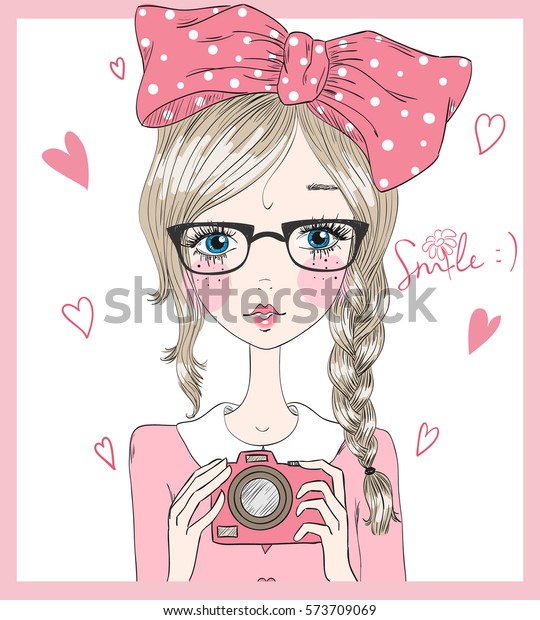 Hand Drawn Cute Beautiful Girl Glasses Stock Vector Royalty