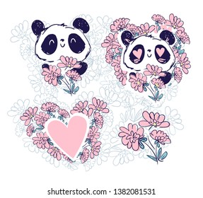 Hand drawn cute beautiful set panda with flowers and heart. Children's illustration. sketch design