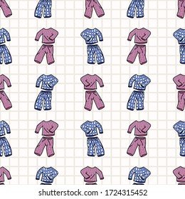 Hand drawn cute bed time pajamas seamless vector pattern. Adorable sleeping clothes with plaid for peaceful sleep background. Cozy pink and blue pyjama all over print. Relaxation EPS 10. 