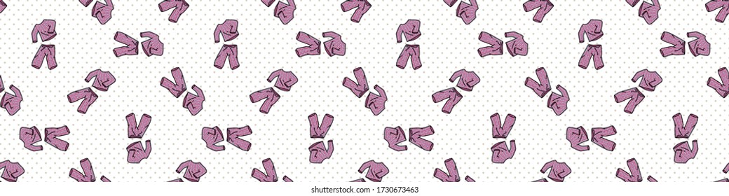 Hand drawn cute bed time pajamas seamless vector border. Adorable sleeping clothes with plaid for peaceful sleep background. Cozy pyjama all over print. Relaxation EPS 10. 