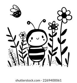 Abeja linda dibujada a mano en la pradera con flores