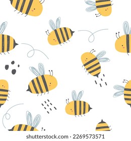 Hand drawn cute bee seamless pattern is very suitable for use for children's and baby designs and also printed on fabrics for clothes, t-shirts, blankets, baby bibs etc. funny and weird bee vector