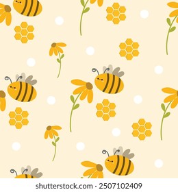 Hand drawn cute bee seamless pattern. Suitable for use for children's and baby designs and also printed on fabrics for clothes, t-shirts, blankets, etc