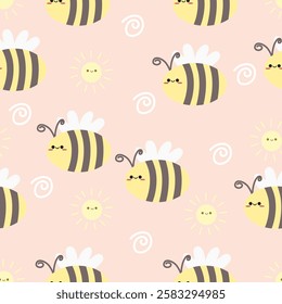 Hand drawn cute bee seamless pattern. Suitable for use for children's and baby designs and also printed on fabrics for clothes, t-shirts, blankets, etc
