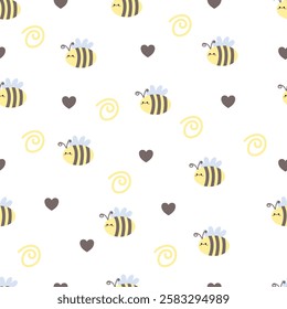 Hand drawn cute bee seamless pattern. Suitable for use for children's and baby designs and also printed on fabrics for clothes, t-shirts, blankets, etc
