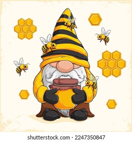 Hand drawn cute beekeeper gnome holding a glass jar full of honey surrounded by bees and honeycomb 