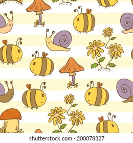 hand drawn cute bees, snails, mushrooms, flowers on striped background seamless pattern, childish colorful summer design