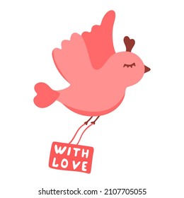 Hand drawn cute bird with heart holding a text sign. Lettering With love. Vector doodle sketch illustration isolated on white background.