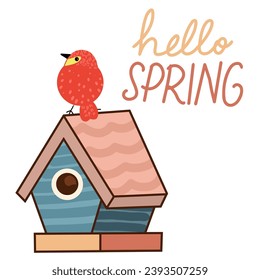 Hand drawn cute bird with house, vector illustration art.