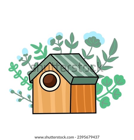 Hand drawn cute bird with house, vector illustration art.