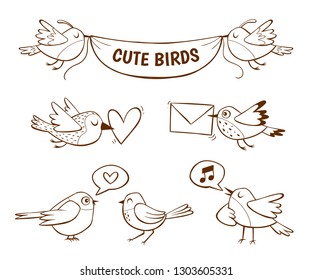 Hand drawn cute bird icons, isolated on white background. Vector illustration.
