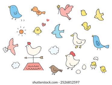 Hand drawn cute bird illustration set