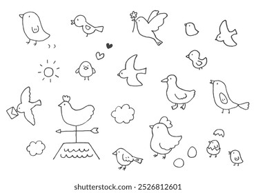 Hand drawn cute bird illustration set