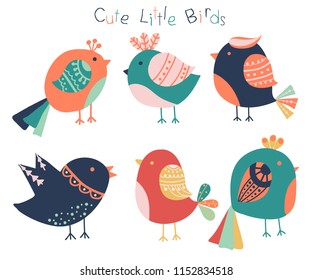 Hand drawn cute birds collection isolated on white background.