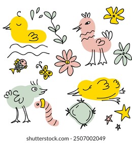 Hand drawn cute birds doodle collection. Animal cartoon vector characters set. Perfect print for tee, poster, card, sticker.


