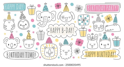 Dibujado a mano lindas cabezas de animales de cumpleaños y accesorios festivos de vacaciones diseño de doodle de contorno simple. Divertido hocico de la criatura y Elementos infantiles con la frase de felicitación Ilustración vectorial