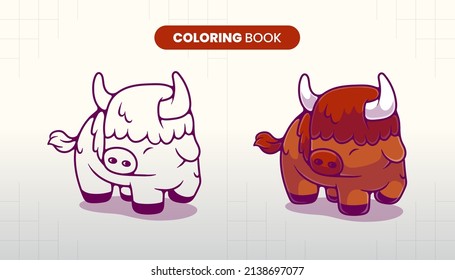 hand drawn cute bison illustration coloring book for children to fill in