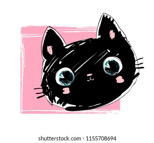 Hand Drawn Cute Black Cat, Vector Illustration, Print Design for children's t-shirt
