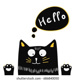 Hand drawn cute black cat with lettering word Hello. Vector.