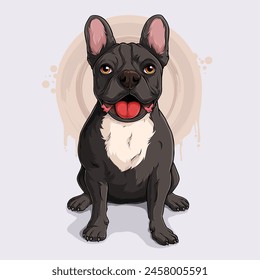 Hand drawn cute black dog breed French Bulldog sitting and panting, in full length isolated on white