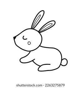 Hand drawn cute black doodle easter bunny character on white background