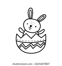 Hand drawn cute black doodle easter bunny character on white background