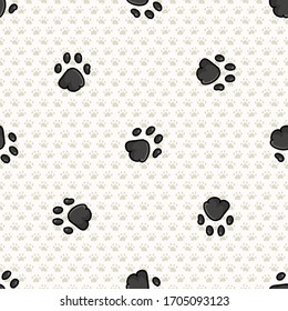 Hand drawn cute black pet cat paw with claw seamless vector pattern. Wild animal paw pad background. Fun joyful wild trail for kids all over print. Kitten and pet. EPS 10. 