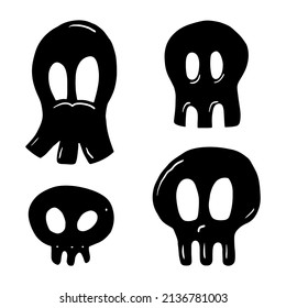 Hand Drawn Cute Black Skull Doodle Set. Comic Head Bone Pirate Icons. Marine Sea Piracy Symbol, Sign, Tattoo. Vector Illustration Isolated On White Background