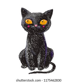 Hand drawn cute black witch cat isolated on white background. Pencil drawing. Scary Halloween collection. Vector illustration