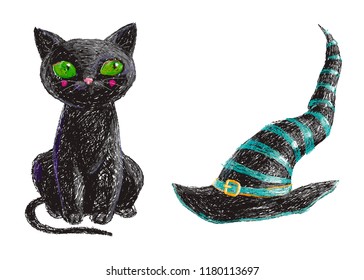Hand drawn cute black witch cat and old hat isolated on white background. Pencil drawing. Scary Halloween collection. Vector illustration