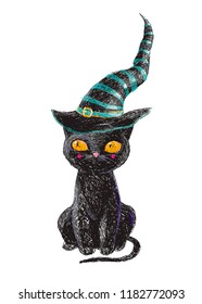 Hand drawn cute black witch cat with old hat isolated on white background. Pencil drawing. Scary Halloween collection
