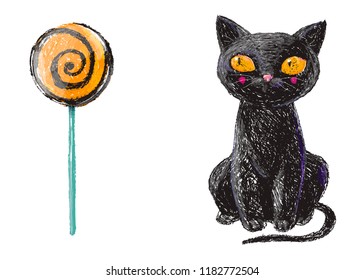 Hand drawn cute black witch cat and Halloween sweet lollipop isolated on white background. Pencil drawing. Scary Halloween collection