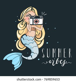 Hand drawn cute blond mermaid with retro camera and summer typography (calligraphy) poster, print. Simple drawing, doodle (outline) on dark background. Summer vibes lettering