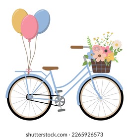 Dibujaron a mano una linda bicicleta azul con flores en una canasta y globos. Aislado sobre fondo blanco. Ilustración vectorial. Bicicleta vintage con flores de colores en una canasta.