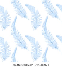 Hand drawn cute blue feather on white seamless pattern. Background, wrap, cover, fabric, decoration.