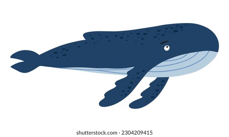 Hand drawn cute blue humpback whale, isolated vector illustration in flat cartoon style