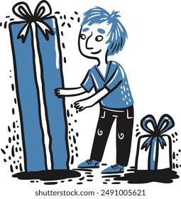 Hand Drawn cute blue present man big gifts