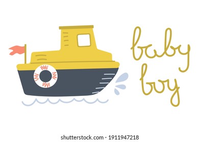 Hand dibujó un lindo bote con un niño de texto. Diseño de guardería. Ilustración plana.