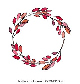 Hand drawn cute botanical frame of twigs with red berries of barberry, cranberry, lingonberry