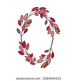 Hand drawn cute botanical frame of twigs with red berries of barberry, cranberry, lingonberry
