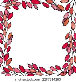 Handgezeichnet, süßer botanischer Rahmen von Zweigen mit roten Beeren aus Brombeere, Cranberry, Longonbeere, Herbstkranz aus Beeren
