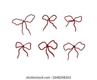 Hand drawn cute bows set. Coquette style vector illustration. Whimsical red bow art drawing. Decorative element for present, card, wedding or birthday decor