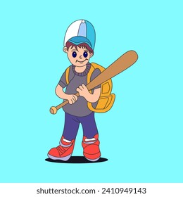 Hand drawn cute boy with baseball stick cartoon illustration