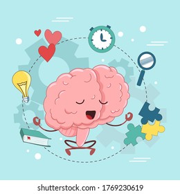 Hand dibujó una linda ilustración del personaje cerebral. Concepto de salud mental. Cerebro haciendo yoga y meditación.